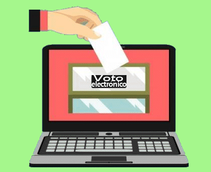 Imagen de una mano que sostiene una papeleta de voto y la acerca a un rdenador en el que pone el tecxto "voto electrónico"